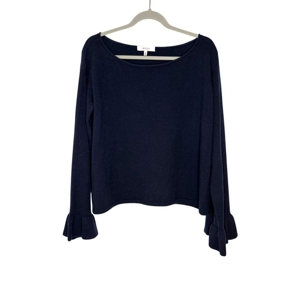 Milly 100% Cashmere Navy Flutter Sleeve Sweater Size Large